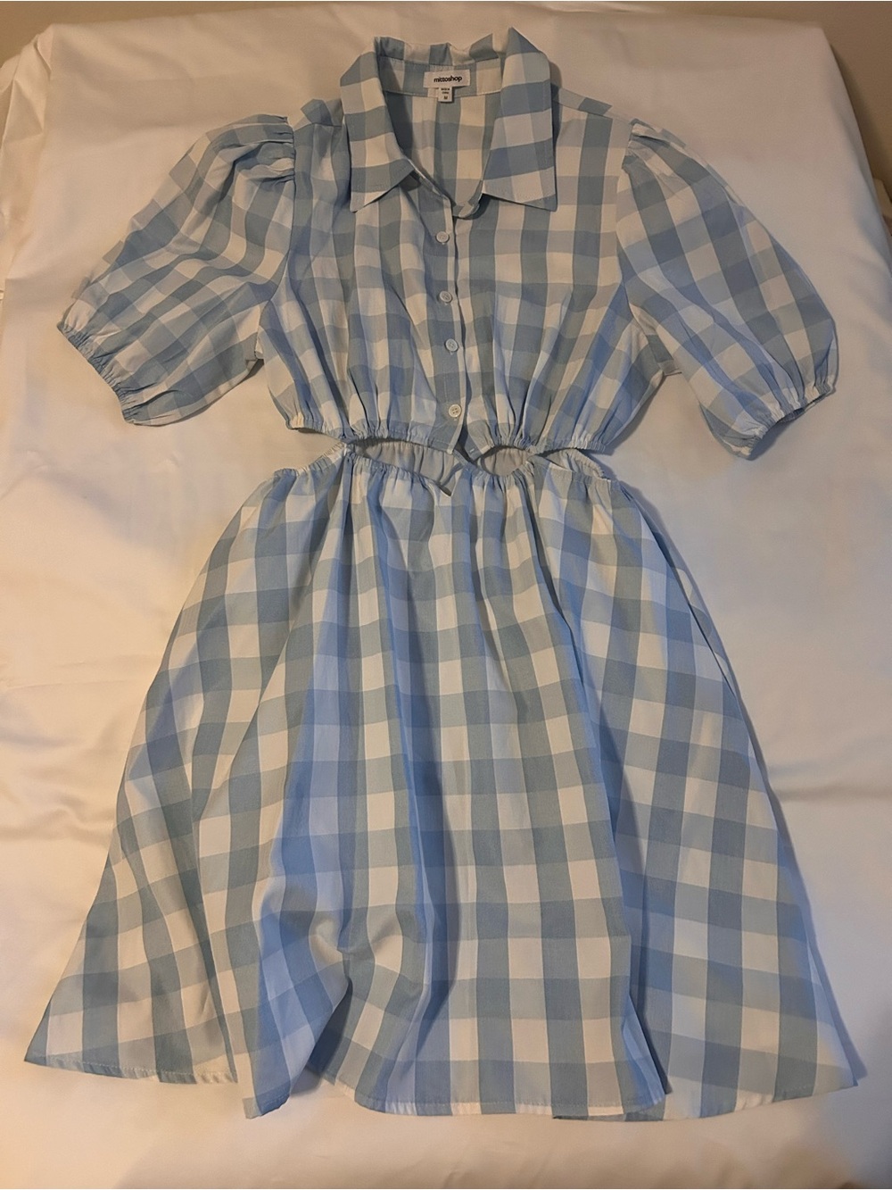 mittoshop Blue and White Gingham Button-Front Puff Sleeve Dress